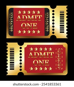 Plantilla de billetes de oro de Vector. Admite una estrella de oro. Casino, teatro, cine, concierto, juego, fiesta, evento, festival de oro y rojo vintage ticket. Ilustración vectorial.