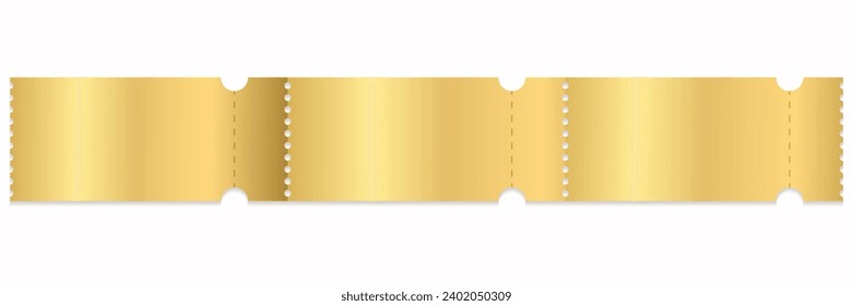 Vector golden tickets template empty. Cinema, theater,casino, concert, game, party, event, festival gold ticket.Metal color coupon.Vector illustration