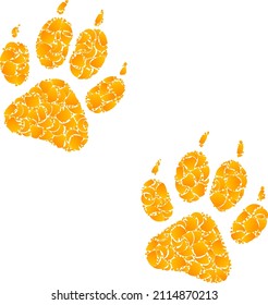 Vector golden tiger fingerprints mosaic icon. Tiger fingerprints is isolated on a white background. Golden particles mosaic based on tiger fingerprints icon.