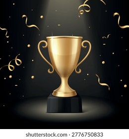 Vector Golden Trophy Cup Award on Black Background with Confetti. Winner Prize for Championship and Success Celebration. Competition, Ceremony, Achievement Concept