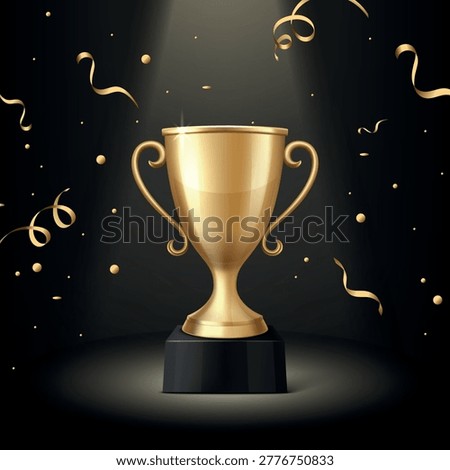 Vector Golden Trophy Cup Award on Black Background with Confetti. Winner Prize for Championship and Success Celebration. Competition, Ceremony, Achievement Concept