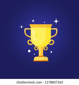 Vector golden trophy cup, first place winner award vector illustration isolated on blue
background.