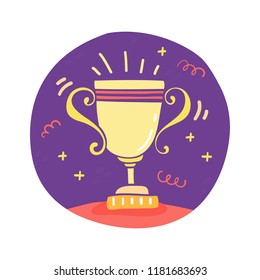 Vector golden trophy cup, first place winner, award vector illustration isolated on circle background. Handdrawn doodle style.