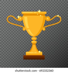 Vector golden trophy icon isolated on background. Shiny award with simple shape and flat design. Realistic glossy cup used as quality sign or for a logo, website, certificate or diploma creations.