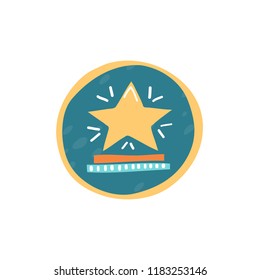 Vector golden trophy star, first place winner, award vector illustration  isolated on circle background. Handdrawn doodle style.