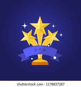 Vector golden trophy with stars and ribbon first place winner award vector illustration isolated on blue background.