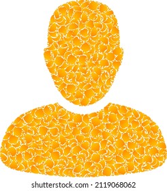 Icono de mosaico de usuario dorado vectorial. El usuario está aislado en un fondo blanco. Mosaico de partículas doradas basado en el icono de usuario. La imagen icónica del usuario mosaico está formada por objetos amarillos.