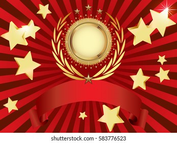 Vector golden vintage label with ribbon and stars. 