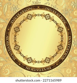 Vector golden vintage style invitation with mandala and pattern on golden background