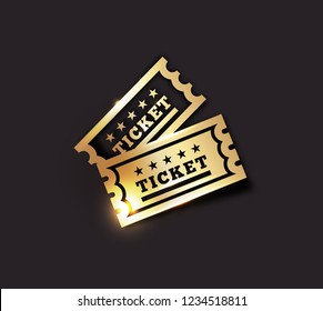 Vector Golden Vintage Ticket Icon on dark background. Gold on black