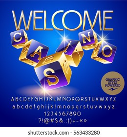 Vector golden and violet logo Welcome casino. Set of letters, numbers and symbols. Contains graphic style.