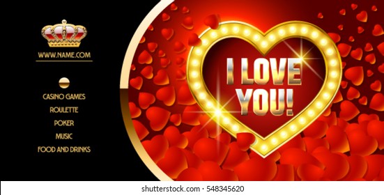 Vector golden vip ticket template for casino party with heart for St Valentine day