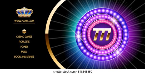 Vector golden vip ticket template for casino party with neon glowing lights