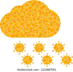 Vector golden virus cloud mosaic icon. Virus cloud is isolated on a white background. Gold items mosaic based on virus cloud icon. Mosaic virus cloud iconic image is designed with yellow elements.
