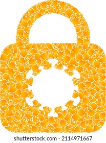 Icono de mosaico de bloqueo del virus dorado vectorial. El bloqueo de virus se aísla en un fondo blanco. Mosaico de elementos dorados basado en el icono de bloqueo de virus. La imagen icónica del bloqueo del virus mosaico está hecha de objetos amarillos.