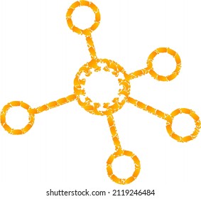 Vector golden virus nodes mosaic icon. Virus nodes is isolated on a white background. Golden particles pattern based on virus nodes icon. Mosaic virus nodes iconic image is made with yellow parts.