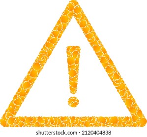 Vektor golden Warnzeichen Mosaik Symbol. Das Warnzeichen ist einzeln auf weißem Hintergrund. Gold Elemente Mosaik basierend auf dem Symbol für Warnzeichen. Mosaikwarnzeichen-ikonisches Bild ist mit gelben Gegenständen organisiert.