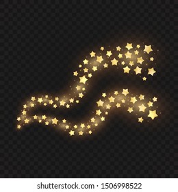Vector golden waves. Glowing stars on dark transparent background.