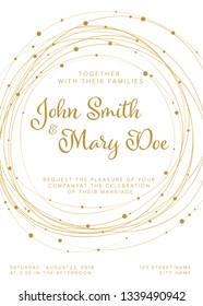 Plantilla de invitación a bodas de oro vectorial con cadenas de círculo luminoso