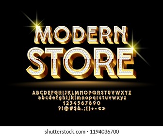 Vector Golden and White bright Font with emblem Modern Store. 3D luxury Alphabet Letters set