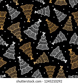 Vector golden and white christmas tree seamless pattern. Hand drawn illustration isolated on a black background. Celebrate abstract texture design