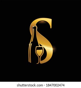 A Vector Golden Wine Bottle and Glass Monogram Letter S