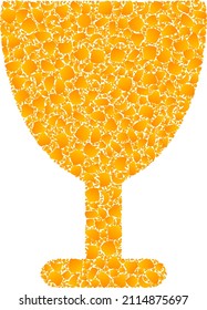Vector golden wine glass mosaic icon. Wine glass is isolated on a white background. Golden particles mosaic based on wine glass icon. Mosaic wine glass iconic image is created with yellow items.