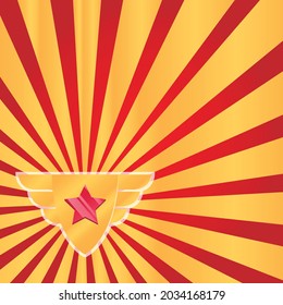 Vector of golden winged emblem with red star on red and gold radiating stripes. graphic decor print design, superhero and comic book concept digitally generated image.