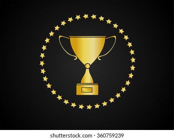 Vector golden winner cup, isolated on black background with frame of stars