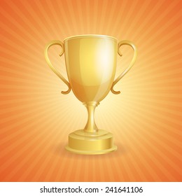 Vector golden winner cup on orange ray light background