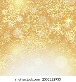 Vetor moldura de inverno dourado com flocos de neve e estrelas doodle e bokeh e lugar para texto