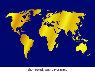 Vector Golden World Map Illustration on Bright Blue Background, Isolated Image, Colorful Banner Template.