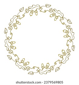 Vector golden wreath with oak twigs, acorns, sketch, doodle, autumn motifs. Coaster, greeting card design.
