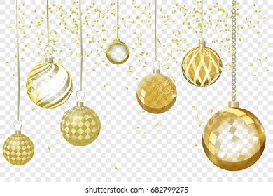 Vector golden xmas background abstract. Christmas ball snow ornaments set isolated. Christmas decoration with xmas lights and bokeh. New year gold effect decoration on transparent background.