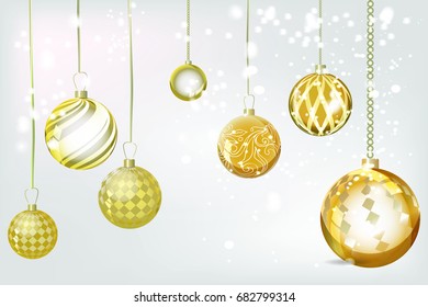 Vector golden xmas background abstract. Christmas ball snow ornaments set isolated. Christmas decoration with xmas lights and bokeh. New year gold effect decoration background.
