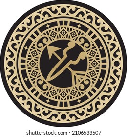 Vector golden Yakut amulet on a black background. Family protector. Ornament of the northern peoples of Russia, tundra.
