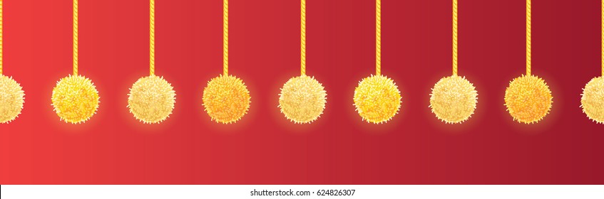 Vector Golden Yellow Decorative Pom Poms With Ropes Horizontal Seamless Repeat Border Pattern. Great for handmade cards, invitations, wallpaper, packaging, nursery designs.