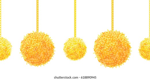 Vector Golden Yellow Decorative Pompoms Big and Small Set With Ropes Horizontal Seamless Repeat Border Pattern. Great for handmade cards, invitations, wallpaper, packaging, nursery designs.