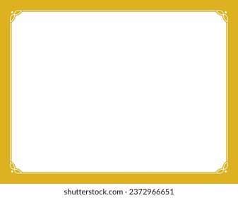 Marco de borde vacío amarillo dorado vectorial en blanco. Enmarcado de época para afiches, invitación, retrato de fotos familiares, tarjeta de visita, portada, diseño de paquetes, página de menú. Fondo del marco de arte retro horizontal