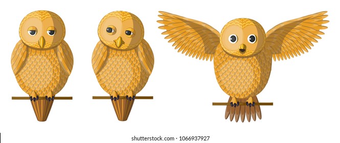 Vector golden yellow owl set. Cute character design, birds sitting on the branch. Original funny yellow golden birds owls, isolated vector illustration.