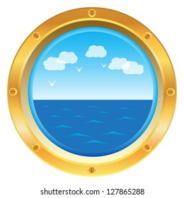 Vector golden yellow porthole window with sea view on white background