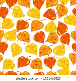 Vector golden, yellow, red leaves. Autumn leaf design. Seamless pattern isolated on white