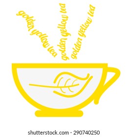 Vector golden yellow tea cup with text steam