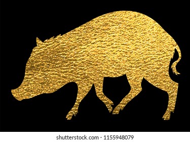 Vector golden young boar solhouette simbol of new year of yellow pig 2019