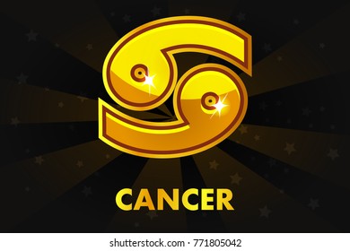 Vector golden zodiac Cancer on black background, set astrology signs