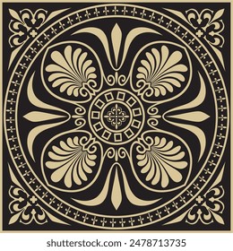 Vector golden-black colored square ornament of ancient Greece. Classic tile pattern of the Roman Empire