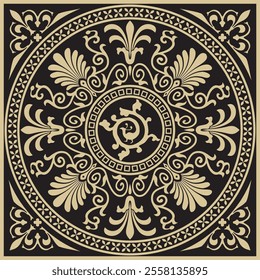 Vector golden-black colored square ornament of ancient Greece. Classic tile pattern of the Roman Empire