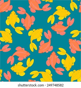 Vector goldfish pattern. Background with golden fish of two different colors swimming in water.