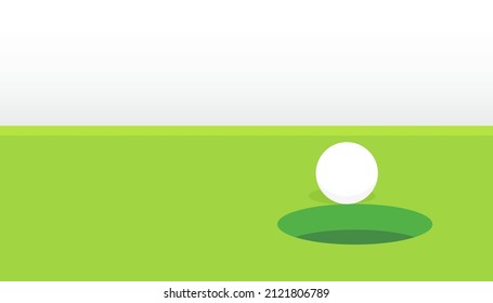 Vector of golf ball on lip of cup with green field background. Sport concept
