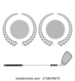 Vector Golf Ball and Stick with Grey Laurel Isolated on White Background.